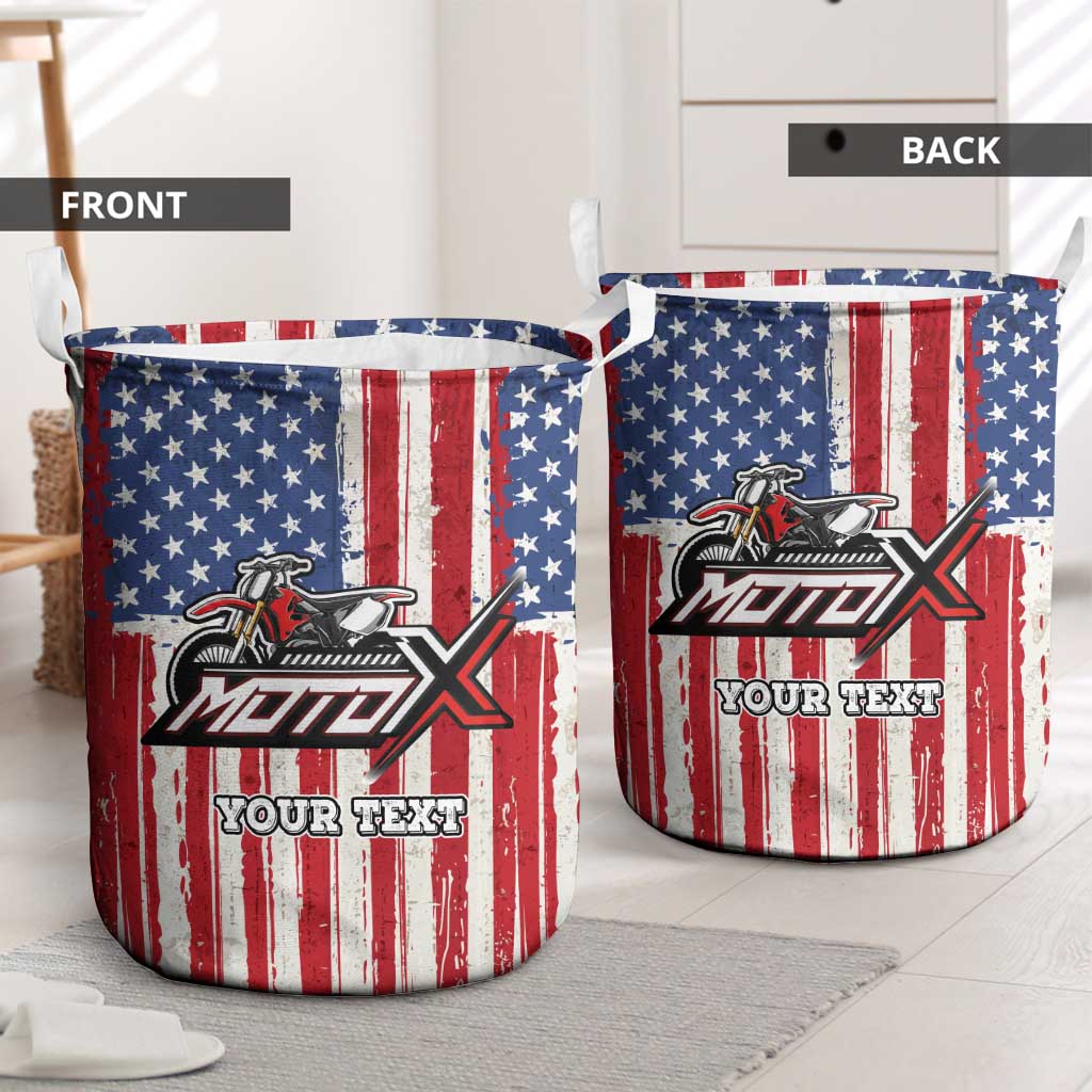 Personalized Motocross Rider Laundry Basket with American Flag and Thin Blue Line Pattern - Wonder Print Shop