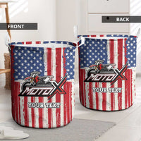 Personalized Motocross Rider Laundry Basket with American Flag and Thin Blue Line Pattern - Wonder Print Shop