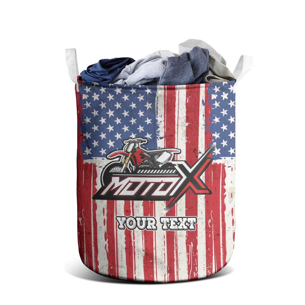 Personalized Motocross Rider Laundry Basket with American Flag and Thin Blue Line Pattern - Wonder Print Shop