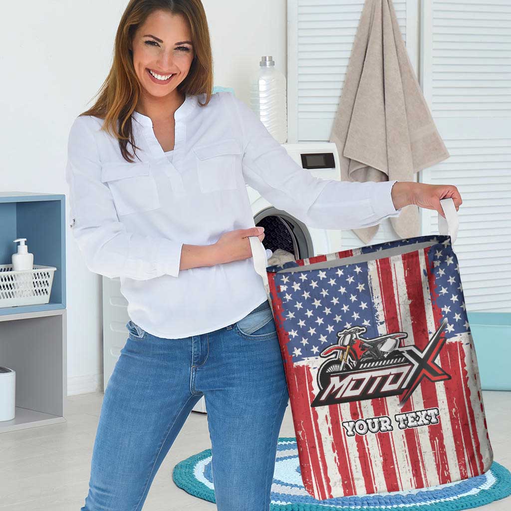 Personalized Motocross Rider Laundry Basket with American Flag and Thin Blue Line Pattern - Wonder Print Shop