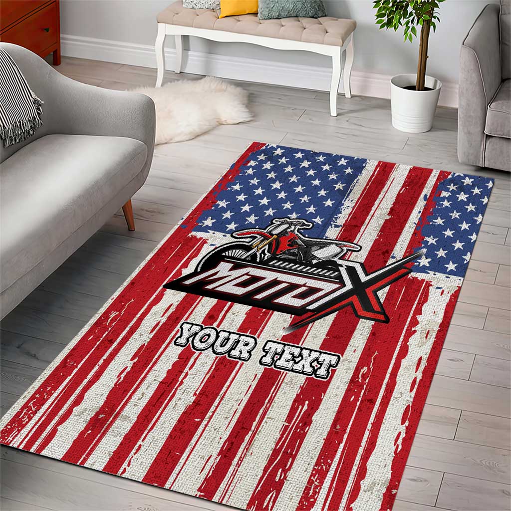 Personalized Motocross Rider Area Rug with American Flag and Thin Blue Line Pattern - Wonder Print Shop