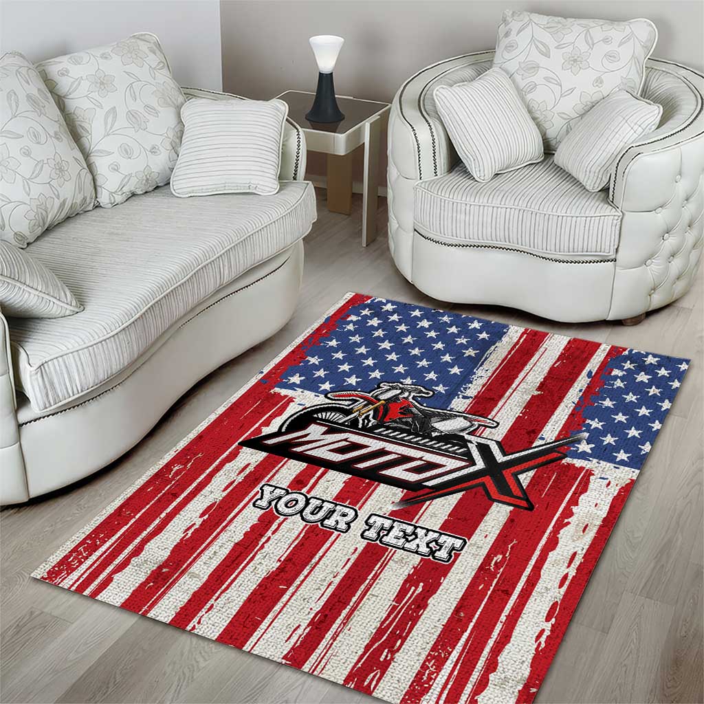 Personalized Motocross Rider Area Rug with American Flag and Thin Blue Line Pattern - Wonder Print Shop