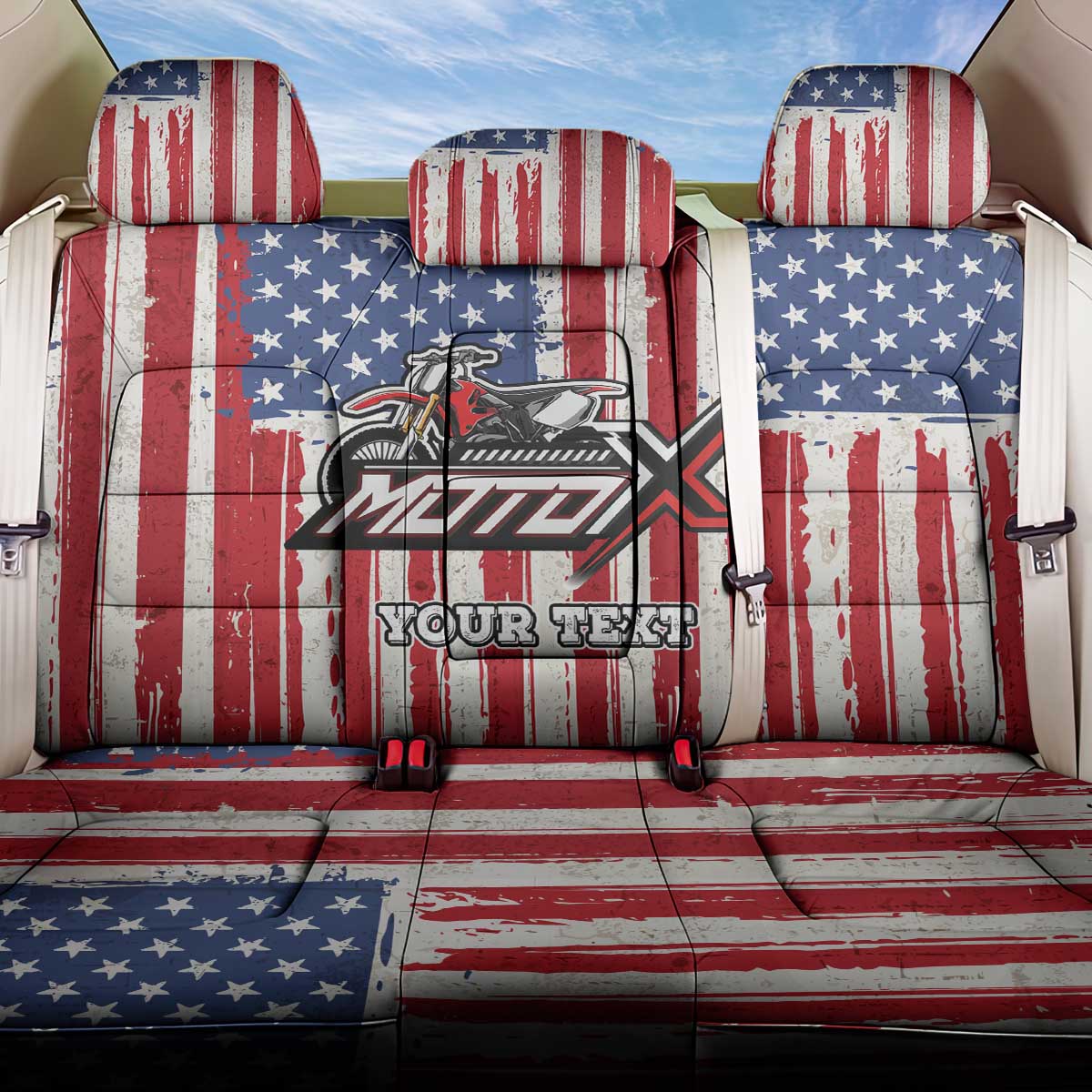 Personalized Motocross Rider Back Car Seat Cover with American Flag and Thin Blue Line Pattern - Wonder Print Shop