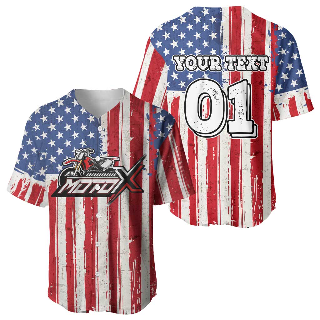 Personalized Motocross Rider Baseball Jersey with American Flag and Thin Blue Line Pattern - Wonder Print Shop