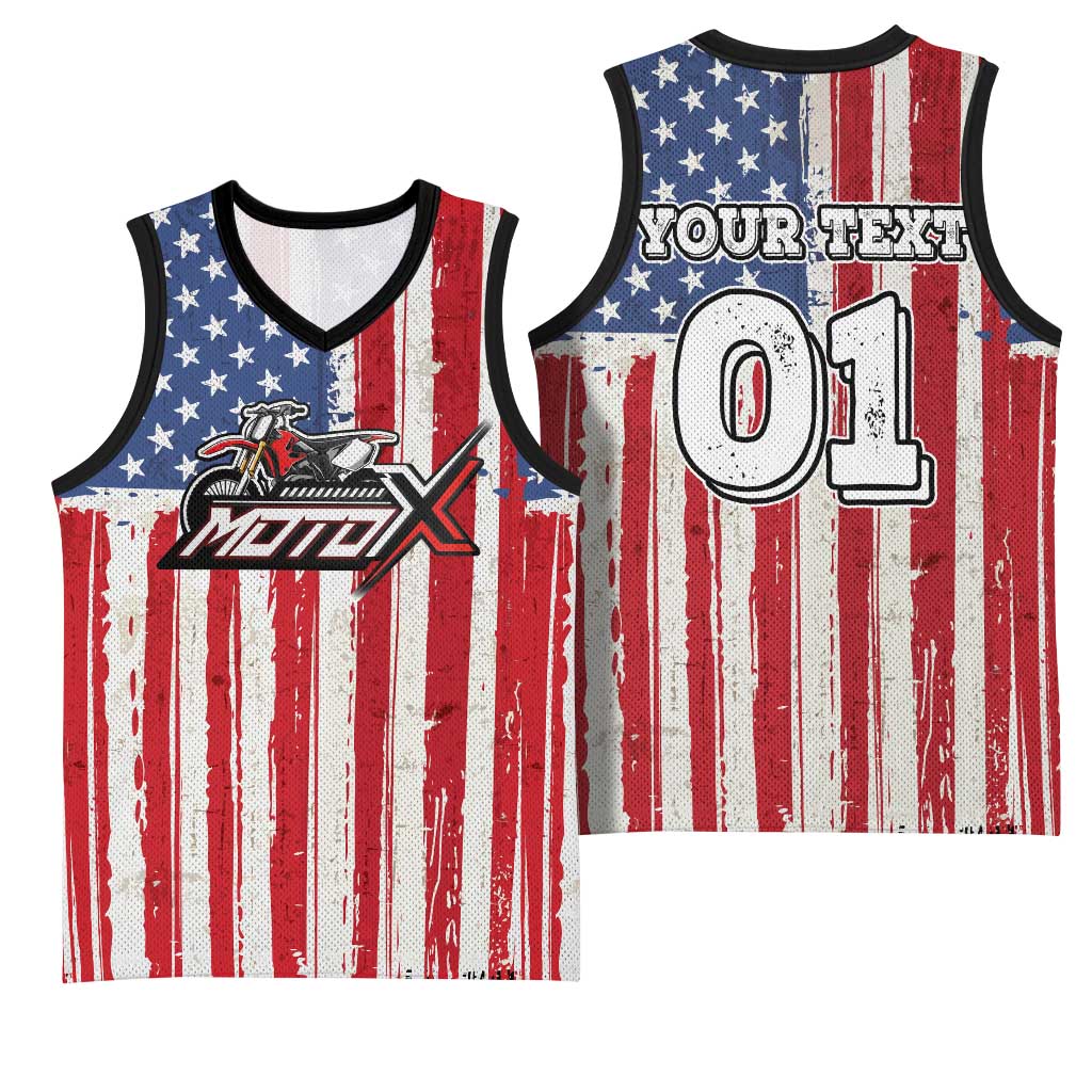 Personalized Motocross Rider Basketball Jersey with American Flag and Thin Blue Line Pattern - Wonder Print Shop