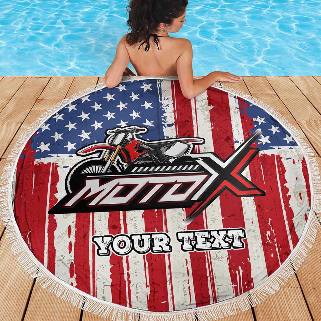 Personalized Motocross Rider Beach Blanket with American Flag and Thin Blue Line Pattern - Wonder Print Shop