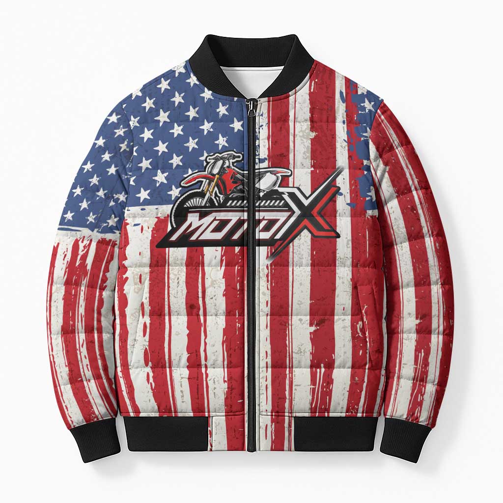 Personalized Motocross Rider Bomber Puffer Jacket with American Flag and Thin Blue Line Pattern - Wonder Print Shop