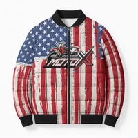 Personalized Motocross Rider Bomber Puffer Jacket with American Flag and Thin Blue Line Pattern - Wonder Print Shop