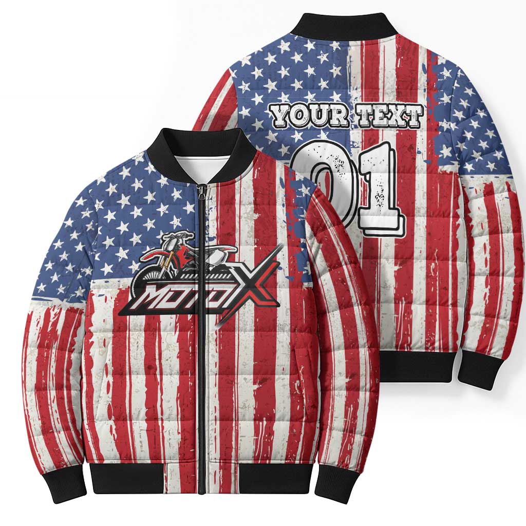 Personalized Motocross Rider Bomber Puffer Jacket with American Flag and Thin Blue Line Pattern - Wonder Print Shop