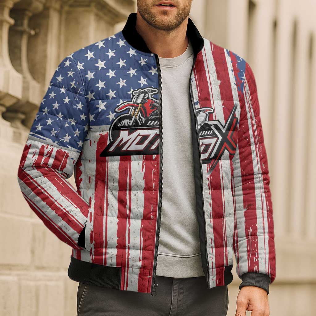 Personalized Motocross Rider Bomber Puffer Jacket with American Flag and Thin Blue Line Pattern - Wonder Print Shop