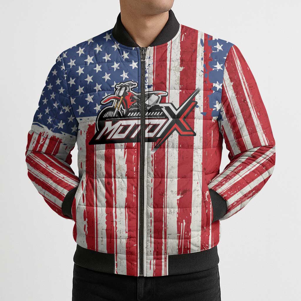 Personalized Motocross Rider Bomber Puffer Jacket with American Flag and Thin Blue Line Pattern - Wonder Print Shop