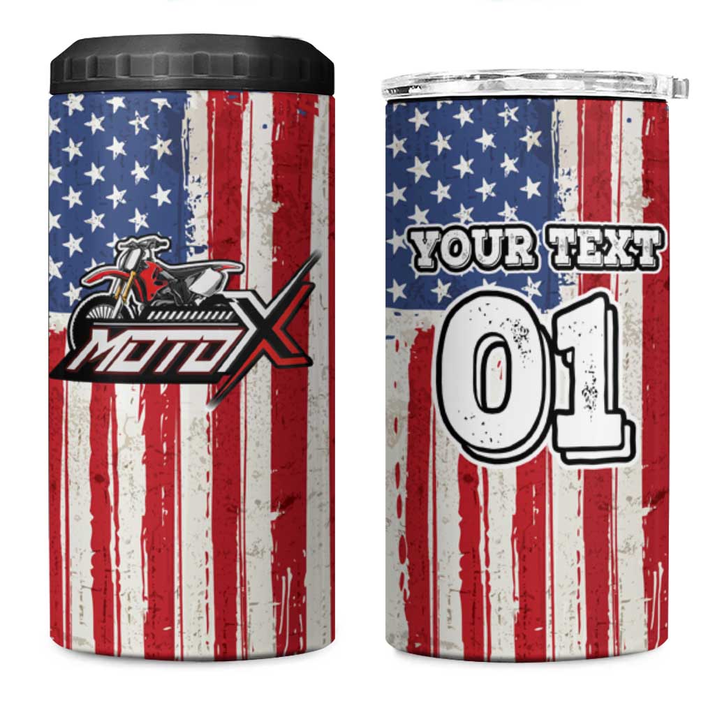 Personalized Motocross Rider 4 in 1 Can Cooler Tumbler with American Flag and Thin Blue Line Pattern - Wonder Print Shop