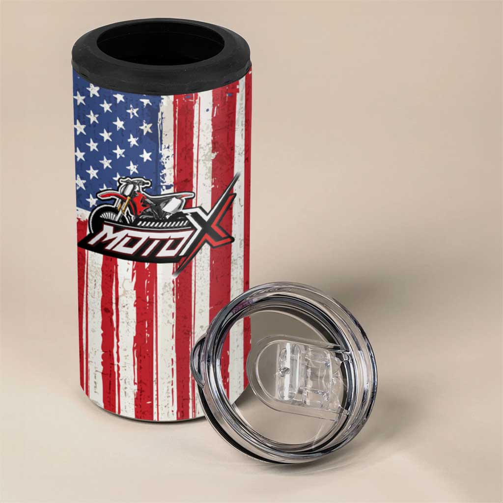 Personalized Motocross Rider 4 in 1 Can Cooler Tumbler with American Flag and Thin Blue Line Pattern - Wonder Print Shop