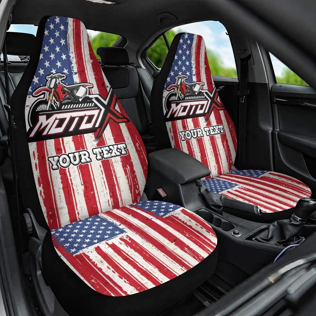 Personalized Motocross Rider Car Seat Cover with American Flag and Thin Blue Line Pattern - Wonder Print Shop