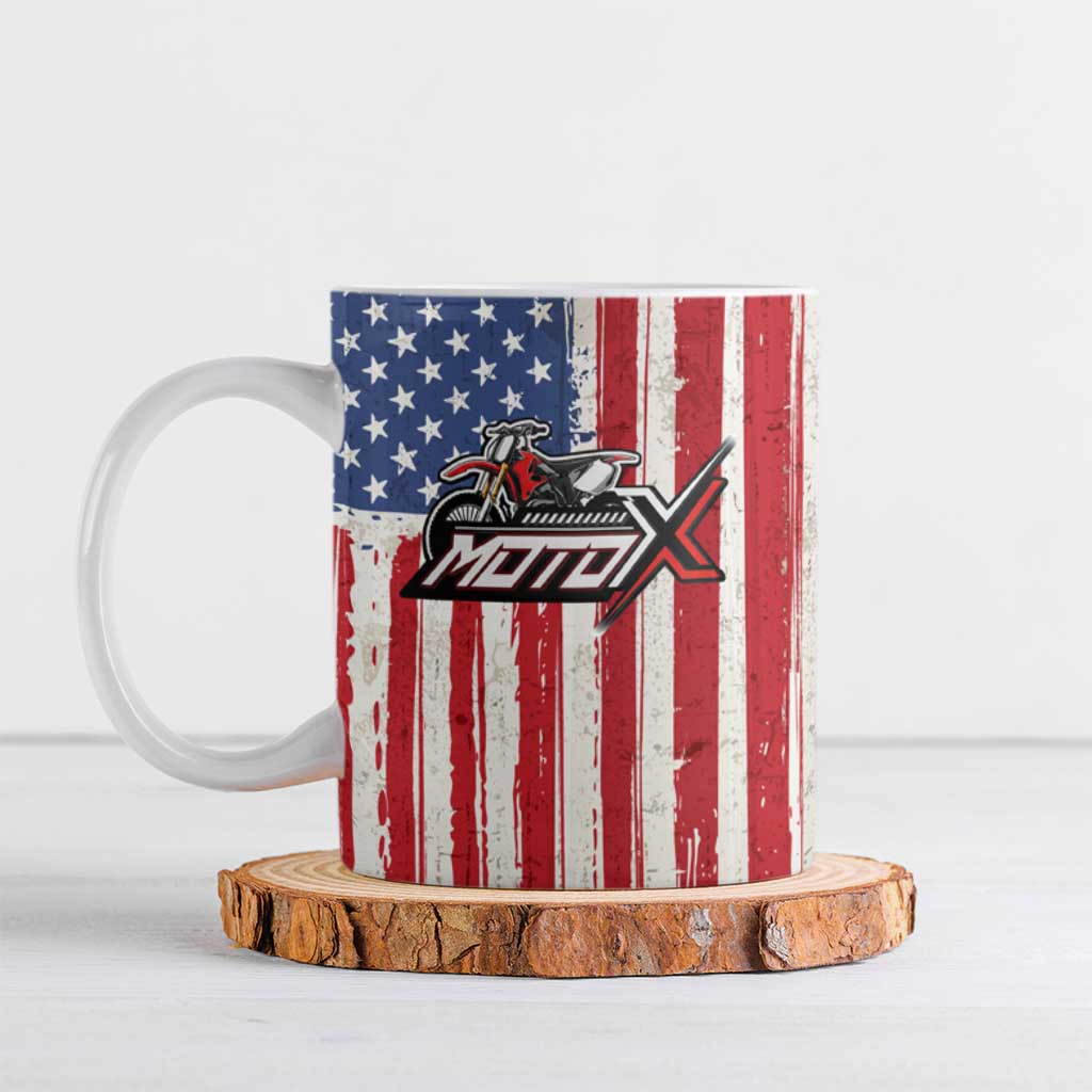 Personalized Motocross Rider Ceramic Mug with American Flag and Thin Blue Line Pattern - Wonder Print Shop