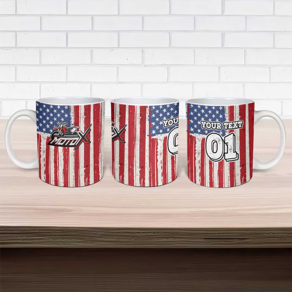 Personalized Motocross Rider Ceramic Mug with American Flag and Thin Blue Line Pattern - Wonder Print Shop