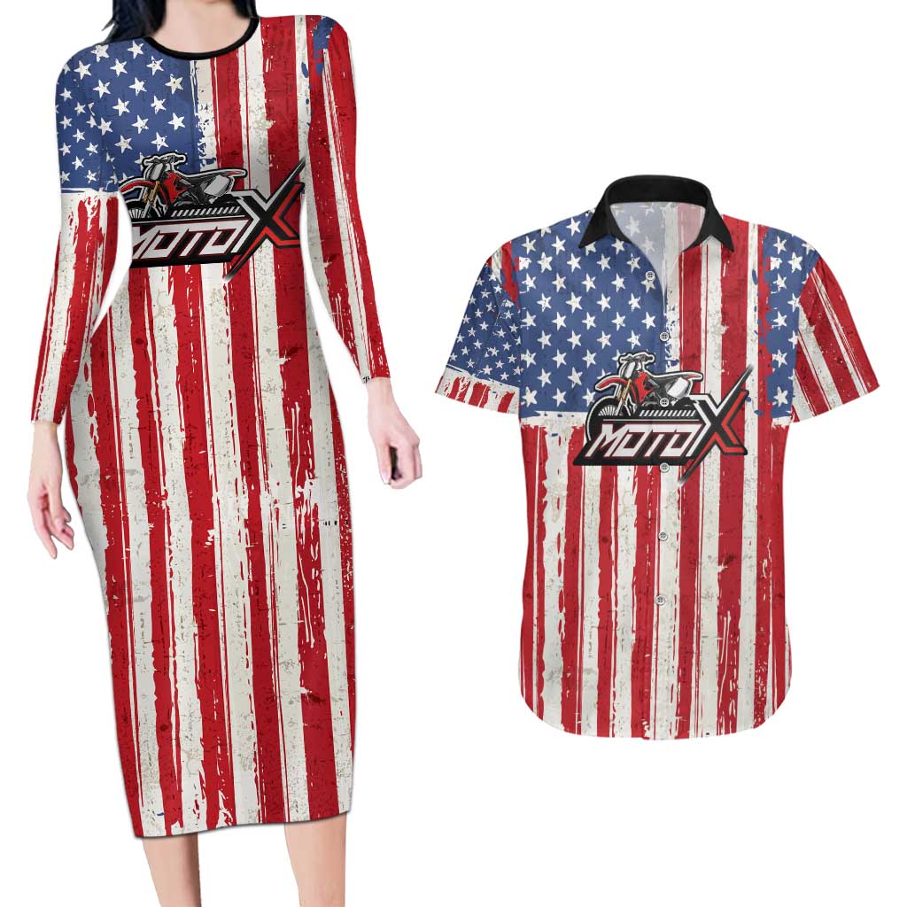 Personalized Motocross Rider Couples Matching Long Sleeve Bodycon Dress and Hawaiian Shirt with American Flag and Thin Blue Line Pattern - Wonder Print Shop