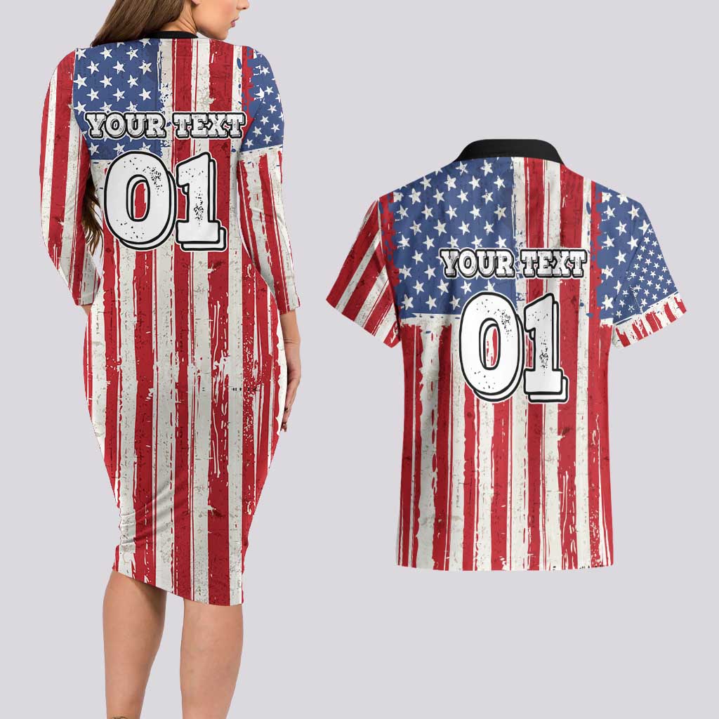 Personalized Motocross Rider Couples Matching Long Sleeve Bodycon Dress and Hawaiian Shirt with American Flag and Thin Blue Line Pattern - Wonder Print Shop