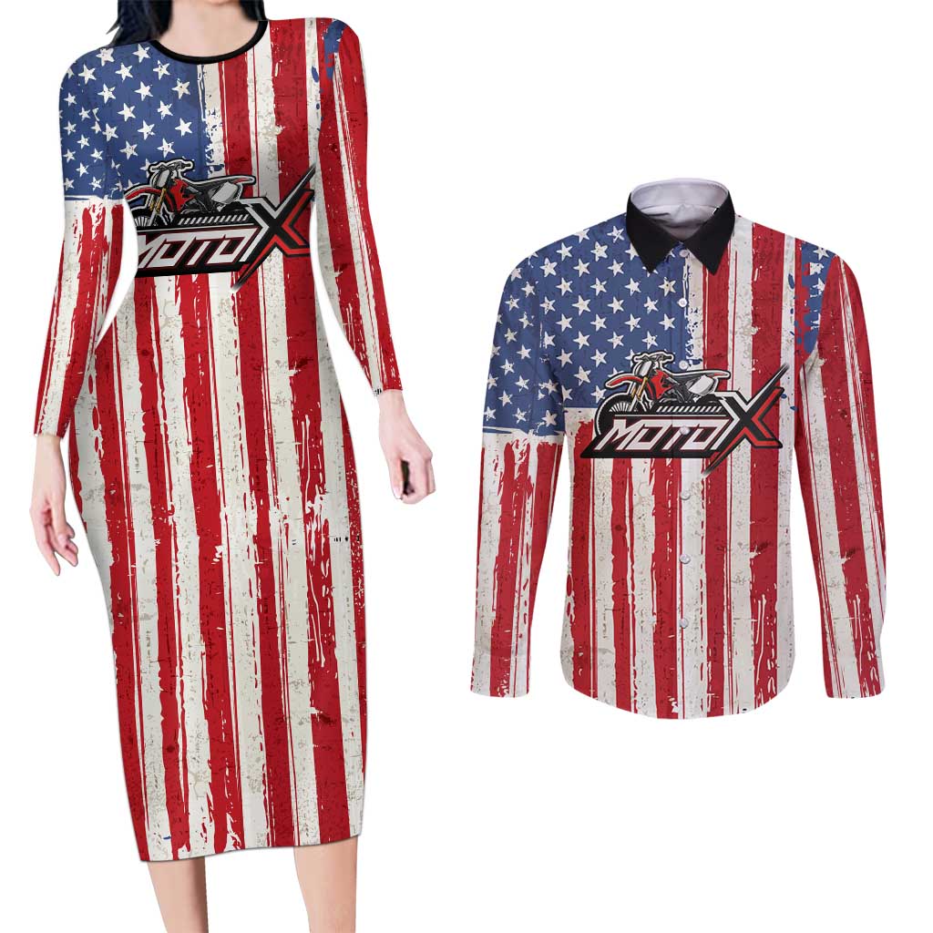 Personalized Motocross Rider Couples Matching Long Sleeve Bodycon Dress and Long Sleeve Button Shirt with American Flag and Thin Blue Line Pattern - Wonder Print Shop