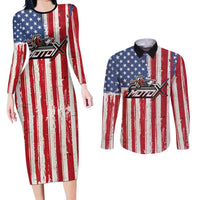 Personalized Motocross Rider Couples Matching Long Sleeve Bodycon Dress and Long Sleeve Button Shirt with American Flag and Thin Blue Line Pattern - Wonder Print Shop