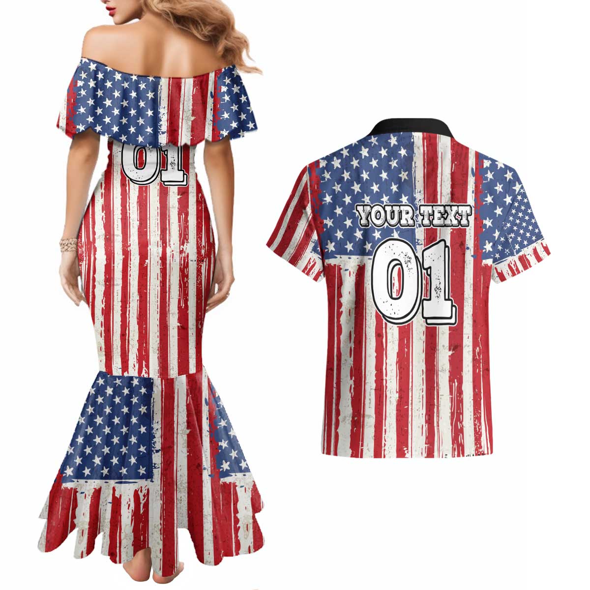 Personalized Motocross Rider Couples Matching Mermaid Dress and Hawaiian Shirt with American Flag and Thin Blue Line Pattern - Wonder Print Shop