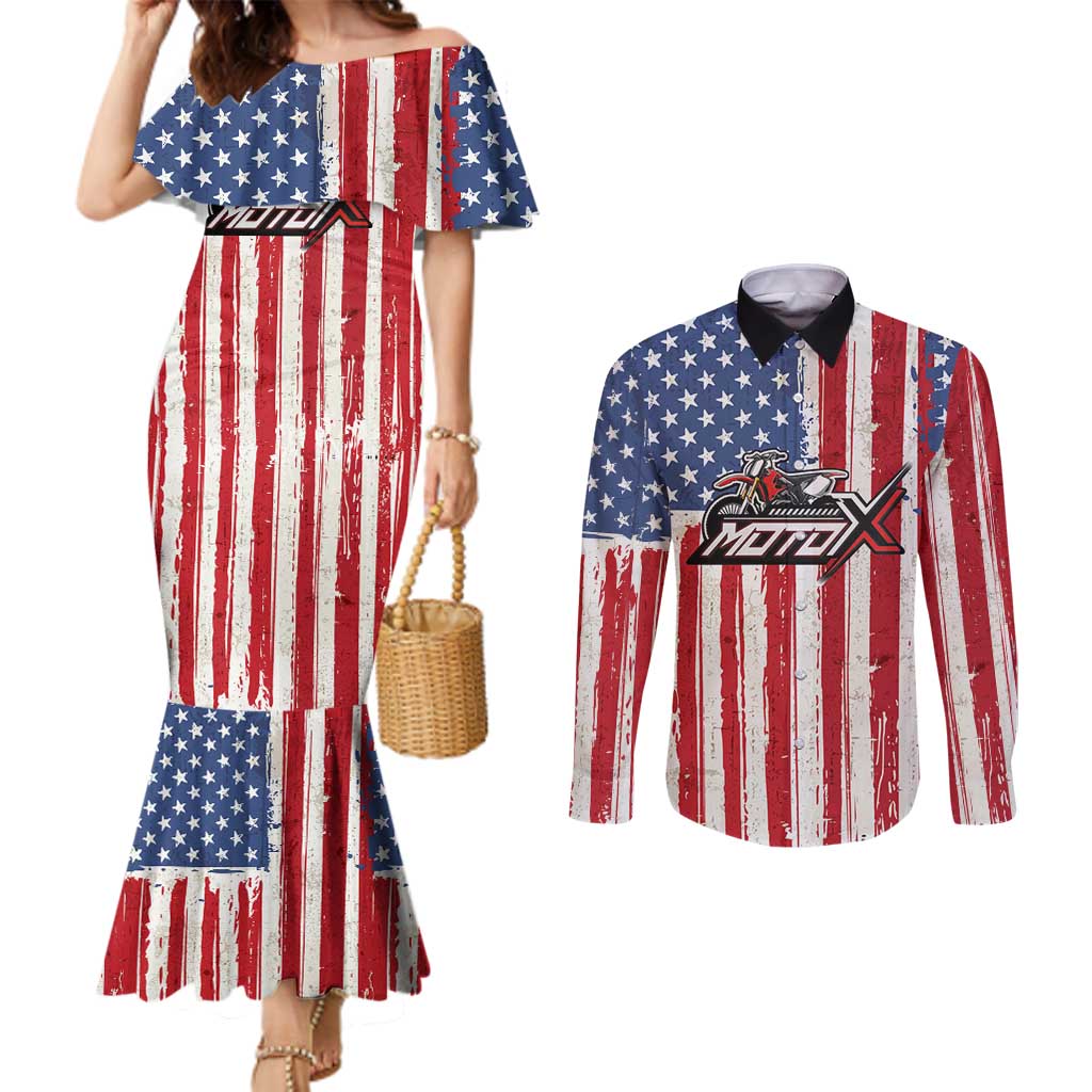 Personalized Motocross Rider Couples Matching Mermaid Dress and Long Sleeve Button Shirt with American Flag and Thin Blue Line Pattern - Wonder Print Shop