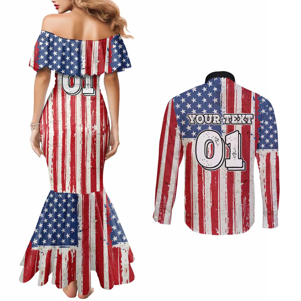 Personalized Motocross Rider Couples Matching Mermaid Dress and Long Sleeve Button Shirt with American Flag and Thin Blue Line Pattern - Wonder Print Shop