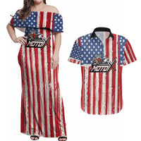 Personalized Motocross Rider Couples Matching Off Shoulder Maxi Dress and Hawaiian Shirt with American Flag and Thin Blue Line Pattern - Wonder Print Shop