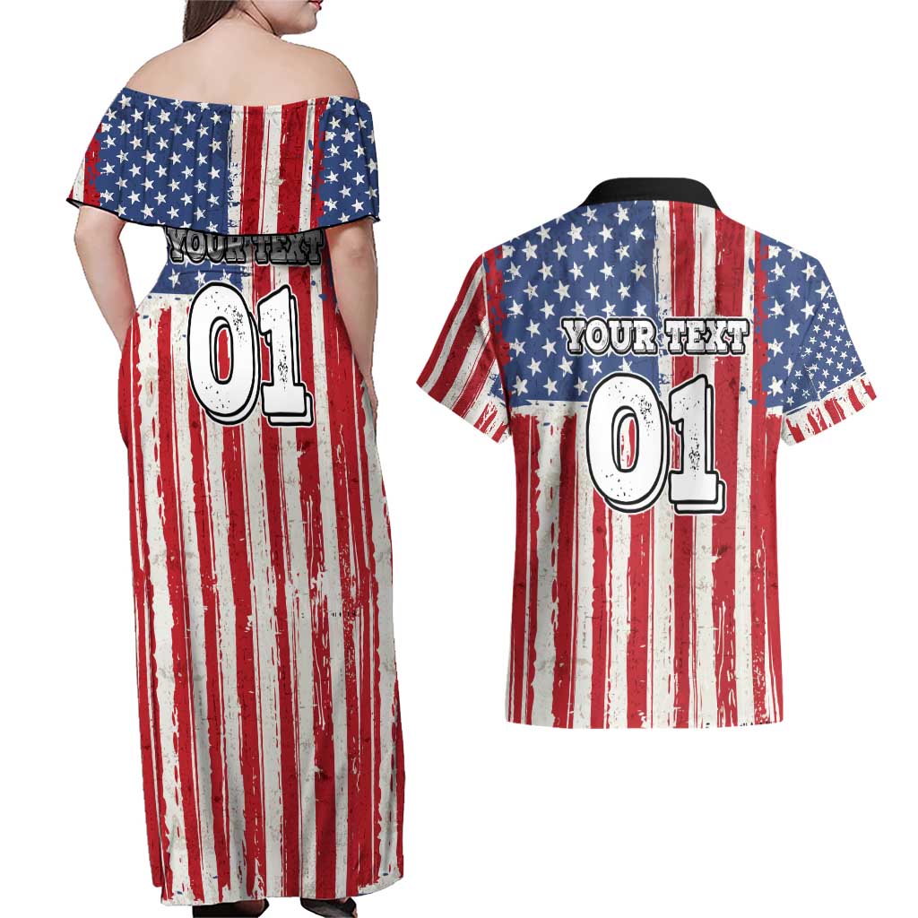 Personalized Motocross Rider Couples Matching Off Shoulder Maxi Dress and Hawaiian Shirt with American Flag and Thin Blue Line Pattern - Wonder Print Shop