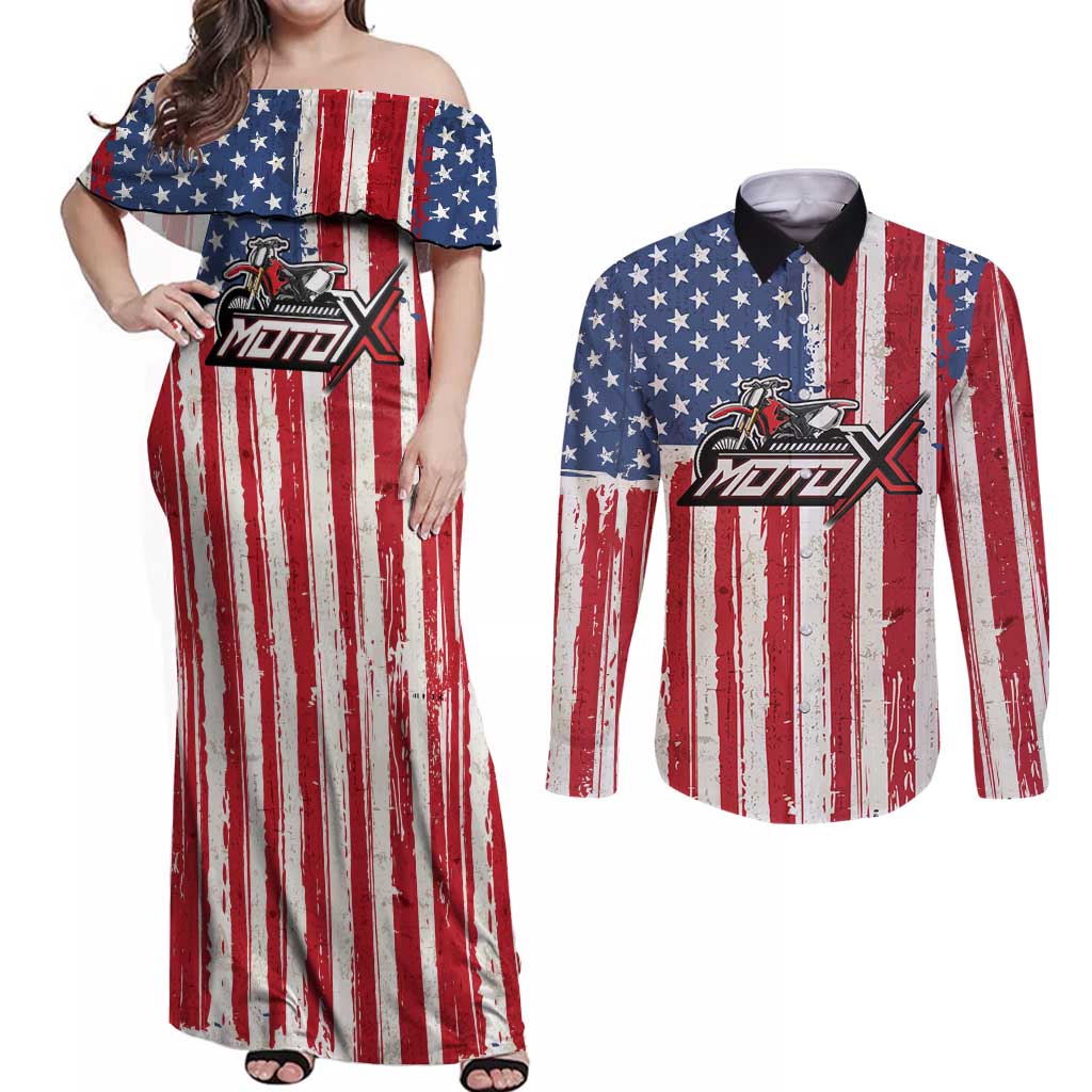 Personalized Motocross Rider Couples Matching Off Shoulder Maxi Dress and Long Sleeve Button Shirt with American Flag and Thin Blue Line Pattern - Wonder Print Shop