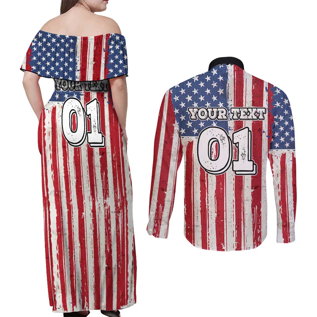 Personalized Motocross Rider Couples Matching Off Shoulder Maxi Dress and Long Sleeve Button Shirt with American Flag and Thin Blue Line Pattern - Wonder Print Shop