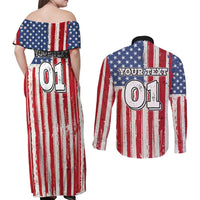 Personalized Motocross Rider Couples Matching Off Shoulder Maxi Dress and Long Sleeve Button Shirt with American Flag and Thin Blue Line Pattern - Wonder Print Shop