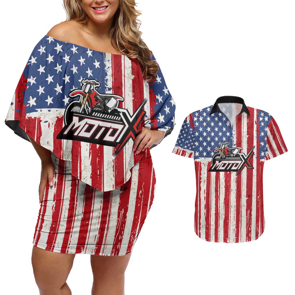 Personalized Motocross Rider Couples Matching Off Shoulder Short Dress and Hawaiian Shirt with American Flag and Thin Blue Line Pattern - Wonder Print Shop