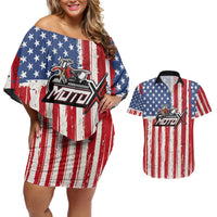 Personalized Motocross Rider Couples Matching Off Shoulder Short Dress and Hawaiian Shirt with American Flag and Thin Blue Line Pattern - Wonder Print Shop