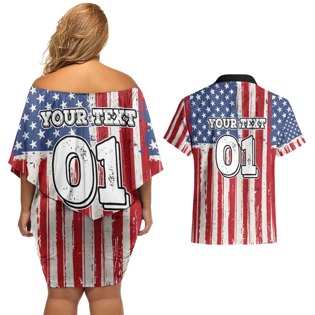 Personalized Motocross Rider Couples Matching Off Shoulder Short Dress and Hawaiian Shirt with American Flag and Thin Blue Line Pattern - Wonder Print Shop