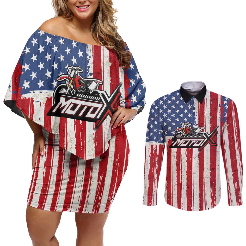 Personalized Motocross Rider Couples Matching Off Shoulder Short Dress and Long Sleeve Button Shirt with American Flag and Thin Blue Line Pattern - Wonder Print Shop