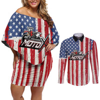 Personalized Motocross Rider Couples Matching Off Shoulder Short Dress and Long Sleeve Button Shirt with American Flag and Thin Blue Line Pattern - Wonder Print Shop