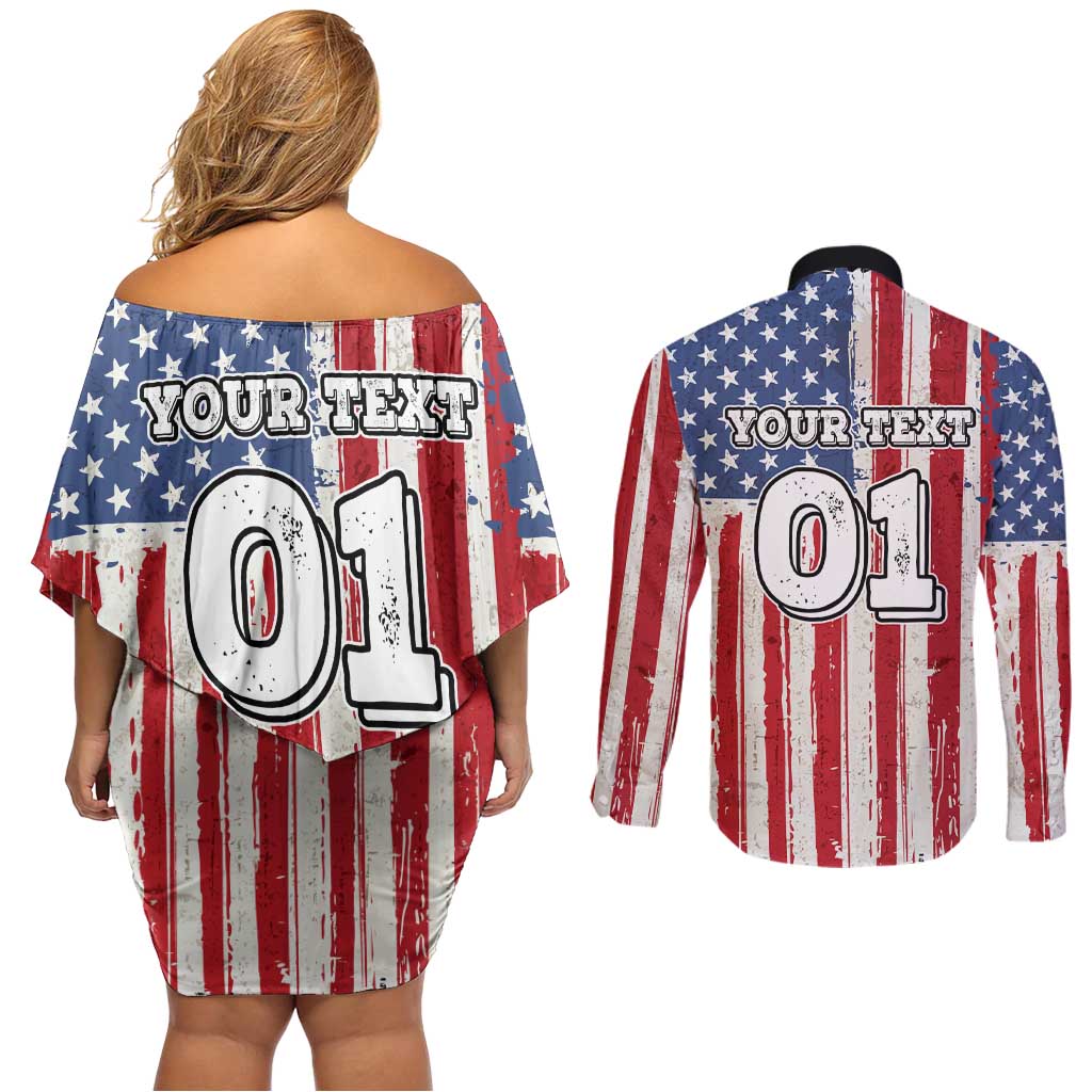 Personalized Motocross Rider Couples Matching Off Shoulder Short Dress and Long Sleeve Button Shirt with American Flag and Thin Blue Line Pattern - Wonder Print Shop