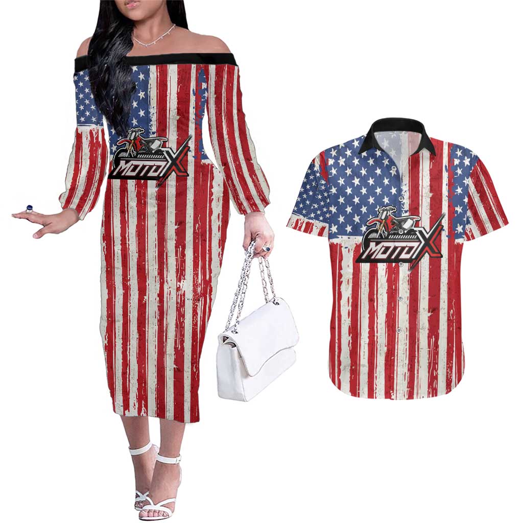Personalized Motocross Rider Couples Matching Off The Shoulder Long Sleeve Dress and Hawaiian Shirt with American Flag and Thin Blue Line Pattern - Wonder Print Shop