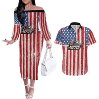 Personalized Motocross Rider Couples Matching Off The Shoulder Long Sleeve Dress and Hawaiian Shirt with American Flag and Thin Blue Line Pattern - Wonder Print Shop