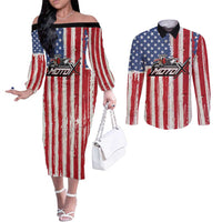 Personalized Motocross Rider Couples Matching Off The Shoulder Long Sleeve Dress and Long Sleeve Button Shirt with American Flag and Thin Blue Line Pattern - Wonder Print Shop
