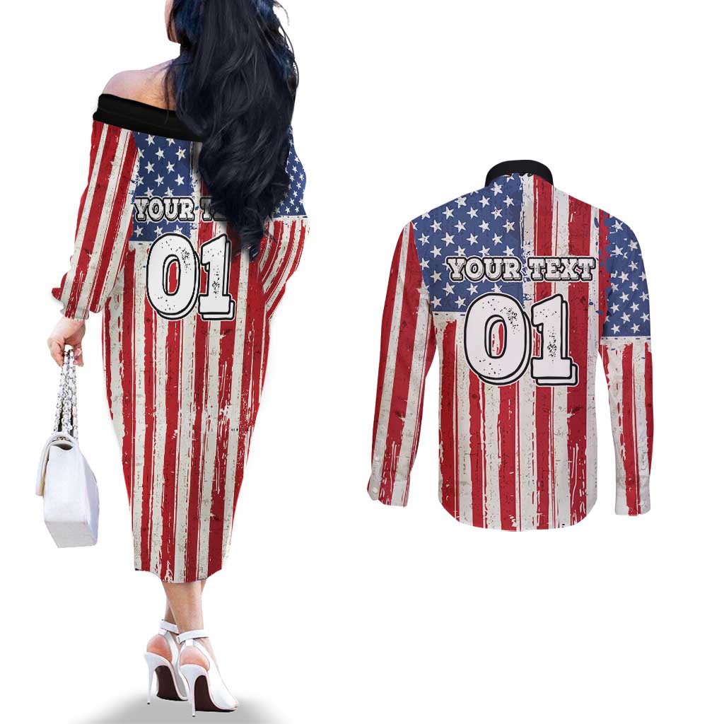 Personalized Motocross Rider Couples Matching Off The Shoulder Long Sleeve Dress and Long Sleeve Button Shirt with American Flag and Thin Blue Line Pattern - Wonder Print Shop
