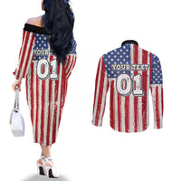 Personalized Motocross Rider Couples Matching Off The Shoulder Long Sleeve Dress and Long Sleeve Button Shirt with American Flag and Thin Blue Line Pattern - Wonder Print Shop