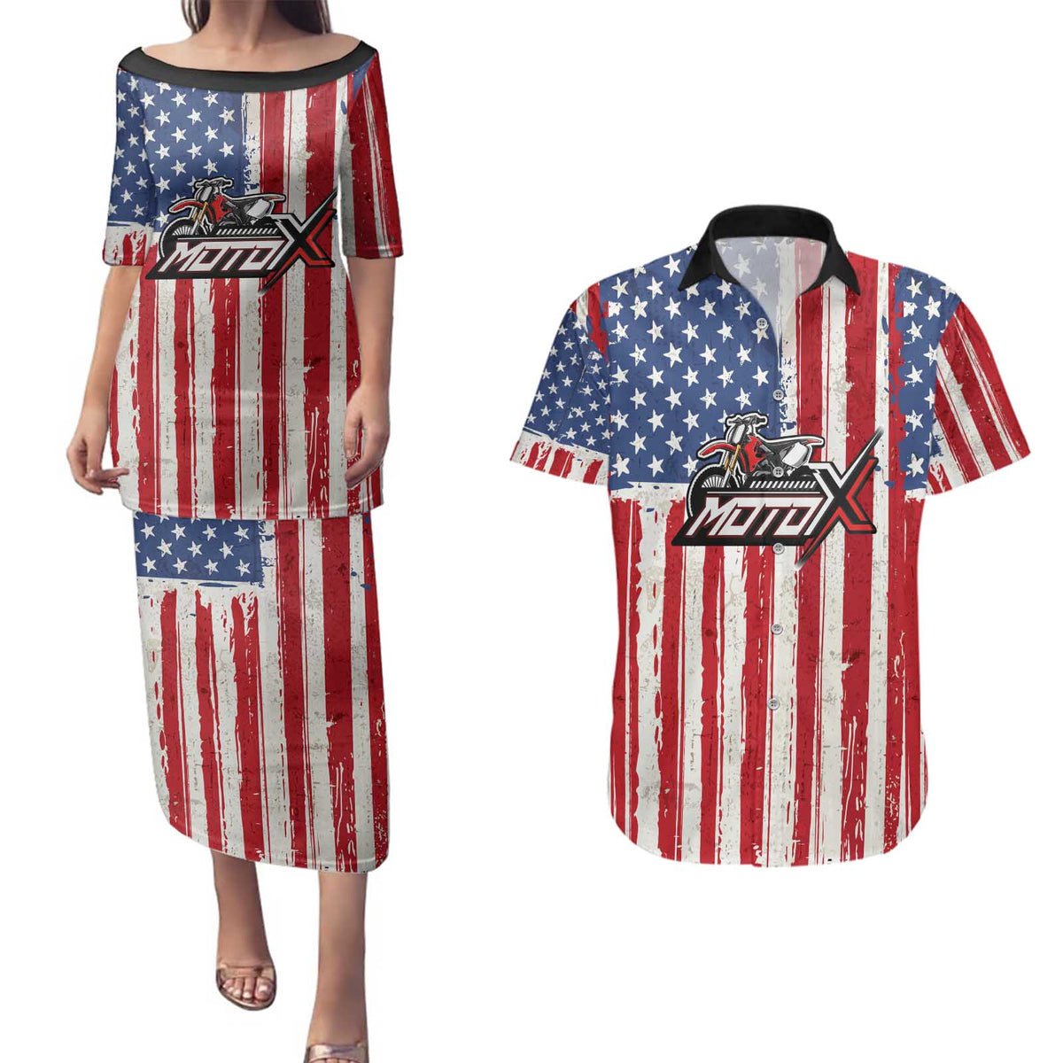 Personalized Motocross Rider Couples Matching Puletasi and Hawaiian Shirt with American Flag and Thin Blue Line Pattern - Wonder Print Shop