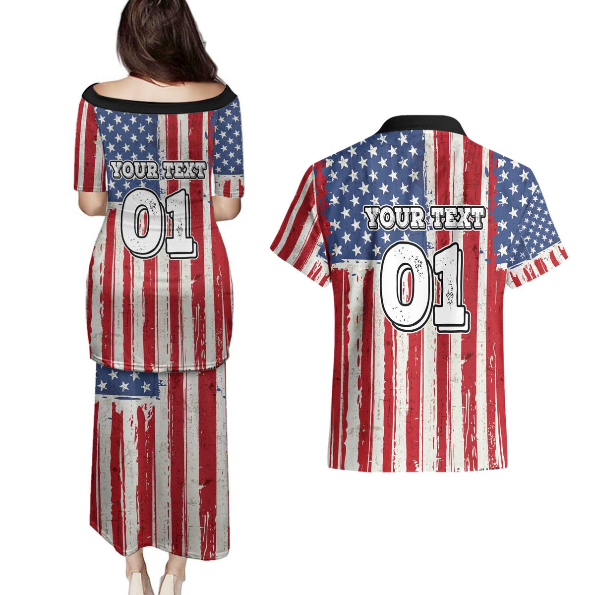 Personalized Motocross Rider Couples Matching Puletasi and Hawaiian Shirt with American Flag and Thin Blue Line Pattern - Wonder Print Shop