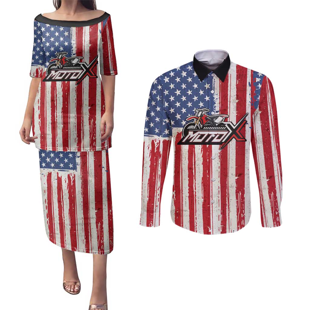 Personalized Motocross Rider Couples Matching Puletasi and Long Sleeve Button Shirt with American Flag and Thin Blue Line Pattern - Wonder Print Shop