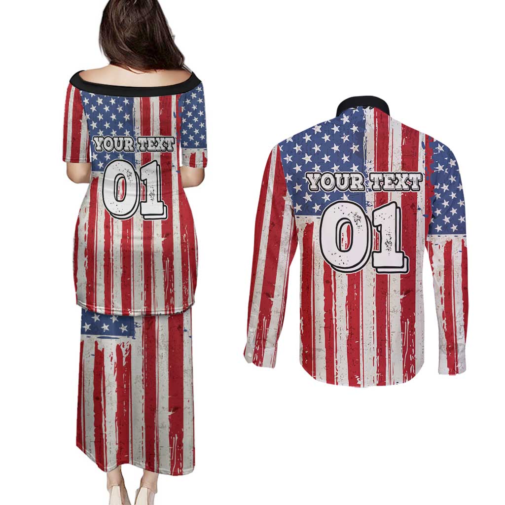 Personalized Motocross Rider Couples Matching Puletasi and Long Sleeve Button Shirt with American Flag and Thin Blue Line Pattern - Wonder Print Shop
