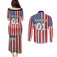 Personalized Motocross Rider Couples Matching Puletasi and Long Sleeve Button Shirt with American Flag and Thin Blue Line Pattern - Wonder Print Shop