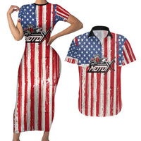 Personalized Motocross Rider Couples Matching Short Sleeve Bodycon Dress and Hawaiian Shirt with American Flag and Thin Blue Line Pattern - Wonder Print Shop