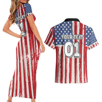 Personalized Motocross Rider Couples Matching Short Sleeve Bodycon Dress and Hawaiian Shirt with American Flag and Thin Blue Line Pattern - Wonder Print Shop